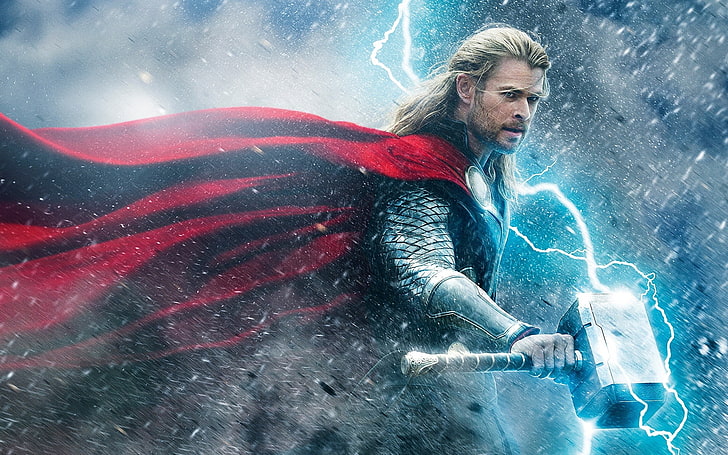 Marvel Thor digital wallpaper, Thor, Chris Hemsworth, men, Mjolnir, lightning, superhero, Marvel Comics, comics, HD wallpaper