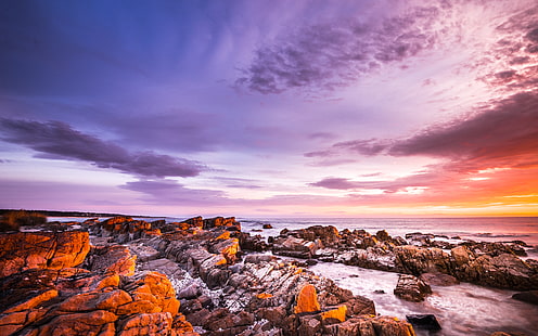 火の湾-タスマニア、オーストラリア、bayoffire、沿岸、自然、海、オレンジ、写真、岩が多い海岸線、海景、空、日の出、タスマニアオーストラリア、水、 HDデスクトップの壁紙 HD wallpaper