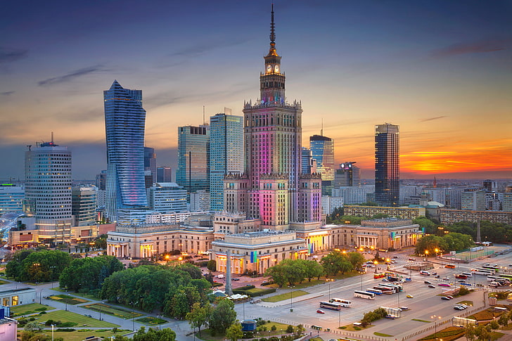 Zuhause, am Abend, Polen, Warschau, Panorama, Zentrum, Der Palast der Kultur und Wissenschaft, HD-Hintergrundbild