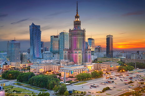 Zuhause, am Abend, Polen, Warschau, Panorama, Zentrum, Der Palast der Kultur und Wissenschaft, HD-Hintergrundbild HD wallpaper