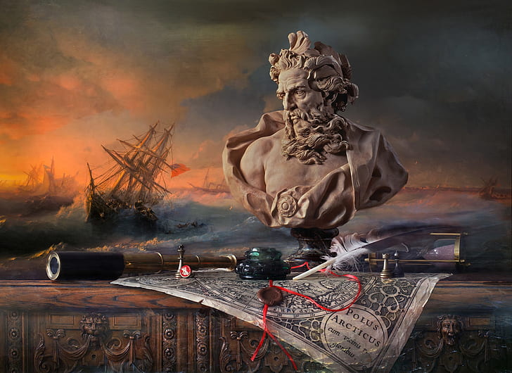 style, pen, map, picture, chess, Neptune, spyglass, hourglass, bust, print, ink, Andrey Morozov, Storm over Evpatoria, I. K. Aivazovsky, HD wallpaper