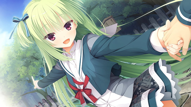 senren banka, murasame, улыбаясь, зеленые волосы, визуальный роман, аниме, HD обои