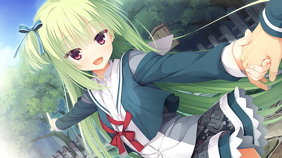 senren banka, murasame, улыбаясь, зеленые волосы, визуальный роман, аниме, HD обои HD wallpaper