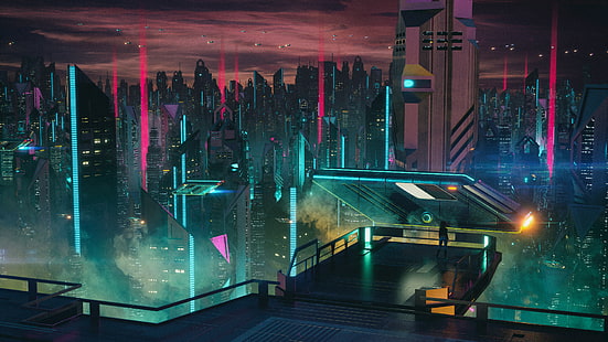 construção, paisagem urbana, cyberpunk, arte digital, futurista, cidade futurista, luzes, metrópole, néon, noite, ficção científica, transistor, HD papel de parede HD wallpaper