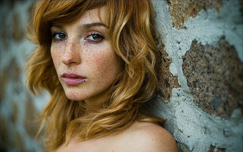 woman's face, freckles, face, Vica Kerekes, women, redhead, brown eyes, wall, bare shoulders, actress, HD wallpaper HD wallpaper