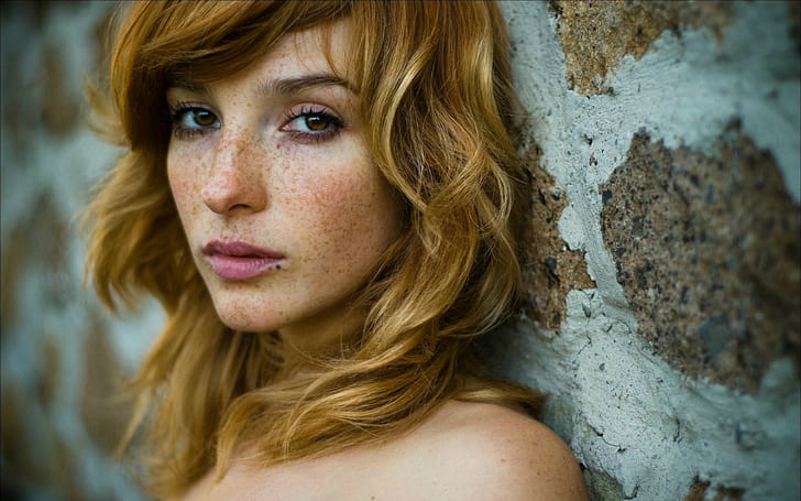 wall, Vica Kerekes, brown eyes, face, freckles, bare shoulders, actress, redhead, women, HD wallpaper