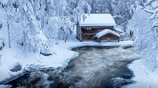 rzeka Kitkajoki, park narodowy, park narodowy oulanka, finlandia, mróz, krajobraz, rzeka, rzeka Kitkanjoki, romantyczny, śnieżny, strumień, lód, kabina, zing, zima, potok, śnieg, chata z bali, Tapety HD HD wallpaper