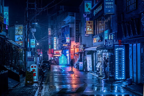 tour informatique noir et blanc, Corée du Sud, ville, gens, néon, magasins, Fond d'écran HD HD wallpaper