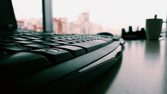 teclado de computador preto, teclados, profundidade de campo, mesa, HD papel de parede HD wallpaper
