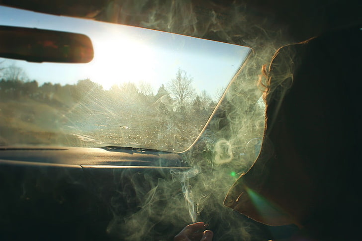 tanque de peixes de vidro transparente com moldura preta, fumaça, fumo, carro, interior do carro, luz solar, HD papel de parede