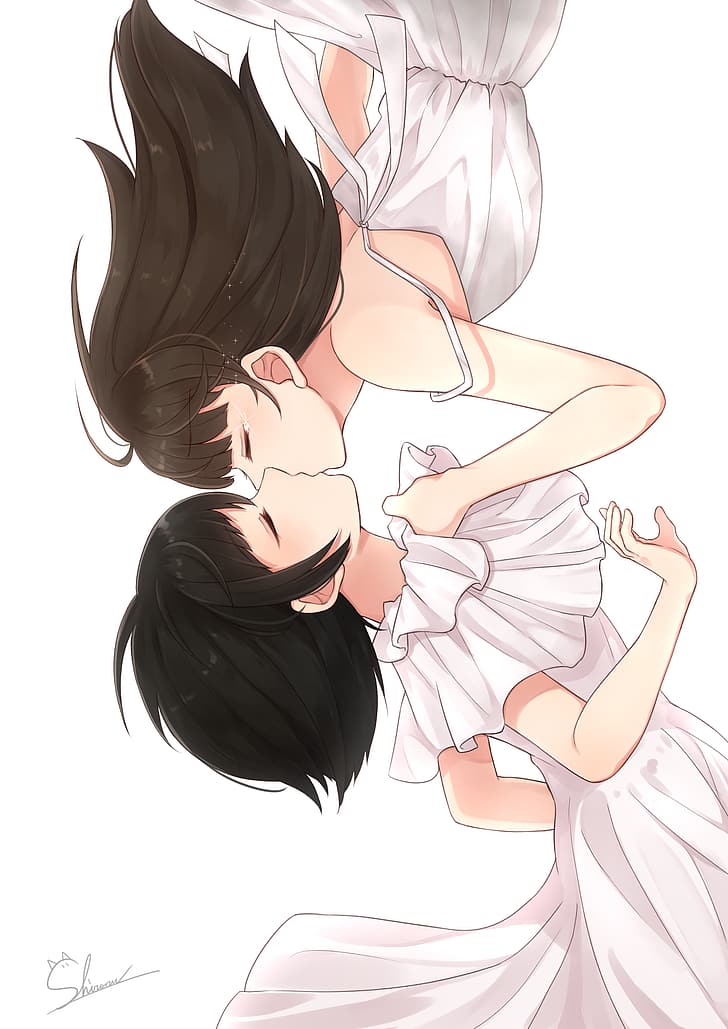 zwei Frauen, weißer Hintergrund, küssen, geschlossene Augen, weißes Kleid, Yuri, HD-Hintergrundbild, Handy-Hintergrundbild
