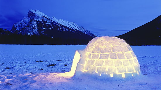 snow igloo, Alberta National Park, lake, igloo, snow, mountains, Banff, Canada, HD wallpaper HD wallpaper