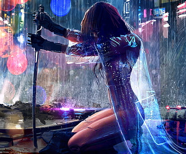 swordsman anime girl art, women, fantasy art, sword, warrior, futuristic, HD wallpaper HD wallpaper