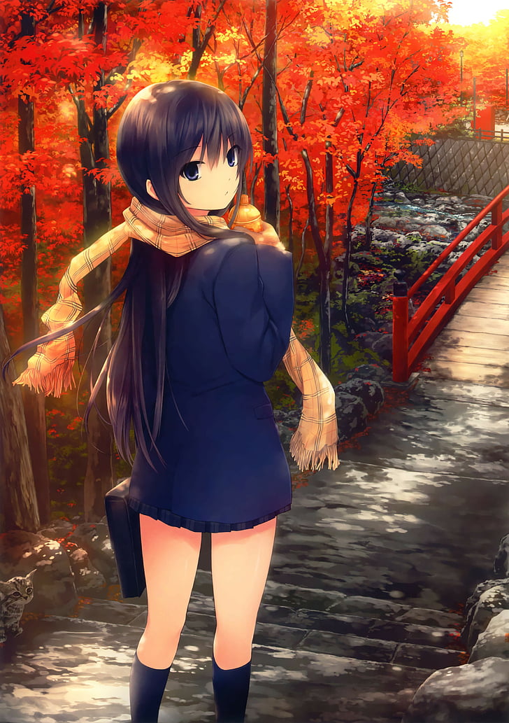 anime, autumn, coffee kizoku, girls, leaves, rika, scans, scarfs, shiramine, HD wallpaper