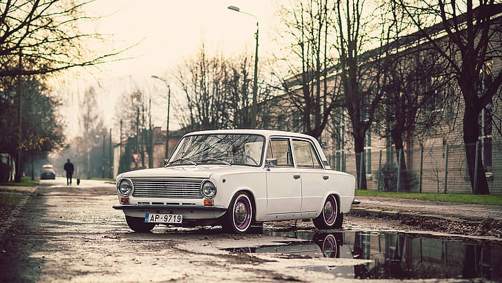 vehicle, car, LADA, Russian cars, street, trees, water, urban, Riga, Latvia, HD wallpaper