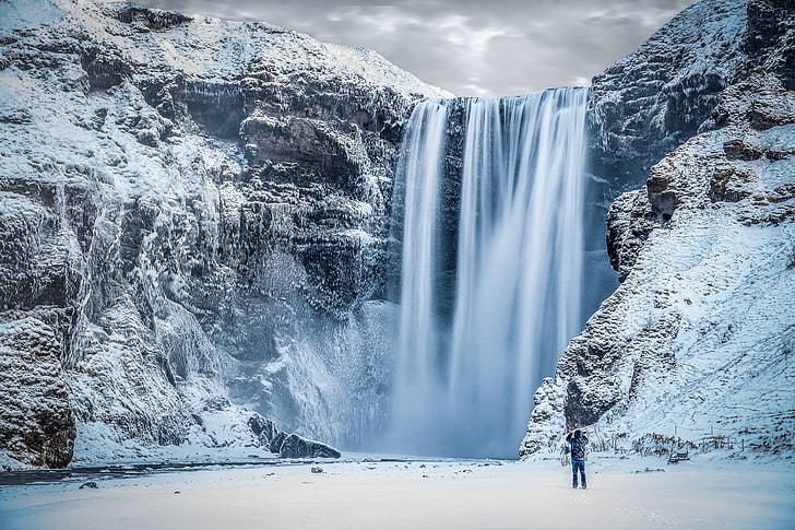 Cachoeiras, cachoeira skógafoss, ártico, islândia, neve, cachoeira, inverno, HD papel de parede