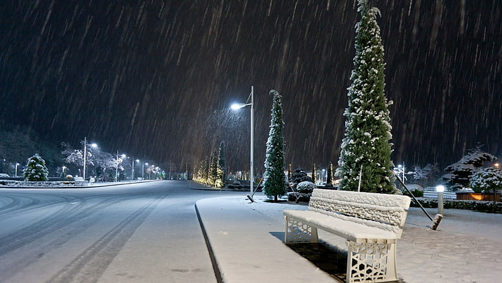 snowfall, snowing, bench, winter, streetlight, street, street light, road, HD wallpaper