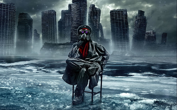 mężczyzna siedzący na krześle, rysunek, apokalipsa, zniszczenie, Tapety HD