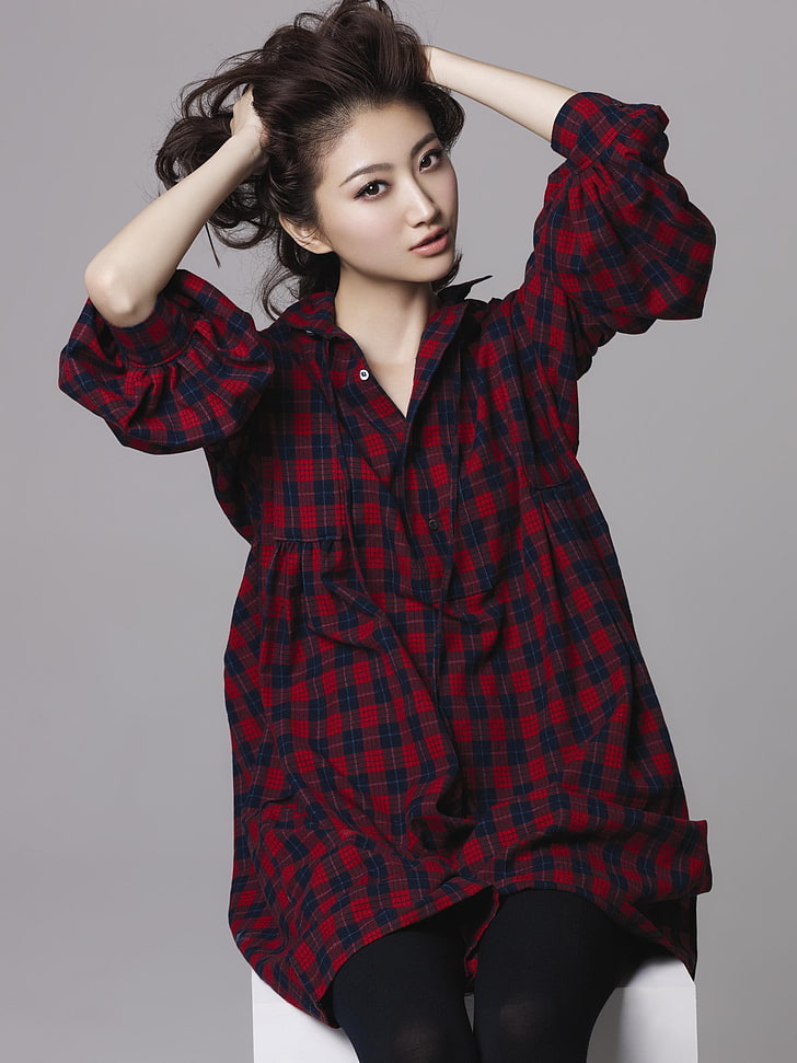 women, Jing Tian, looking at viewer, open mouth, shirt, Asian, plaid shirt, actress, simple background, HD wallpaper