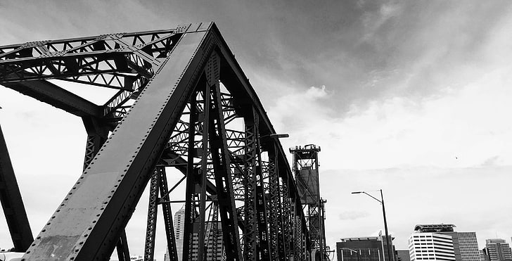 architecture, black and white, bridge, buildings, construction, high, iron, modern, outdoors, sky, steel, travel, HD wallpaper
