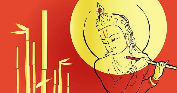主クリシュナと赤の背景、ヒンドゥー教の神の壁紙、神、主クリシュナ、赤、アニメーション、背景、 HDデスクトップの壁紙 HD wallpaper
