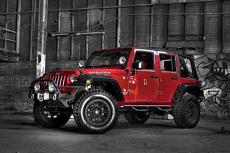 สีแดง Jeep Wrangler Rubicon SUV, โรงเก็บเครื่องบิน, รถจี๊ป, SUV, Rubicon, Jeep Wrangler, วอลล์เปเปอร์ HD HD wallpaper