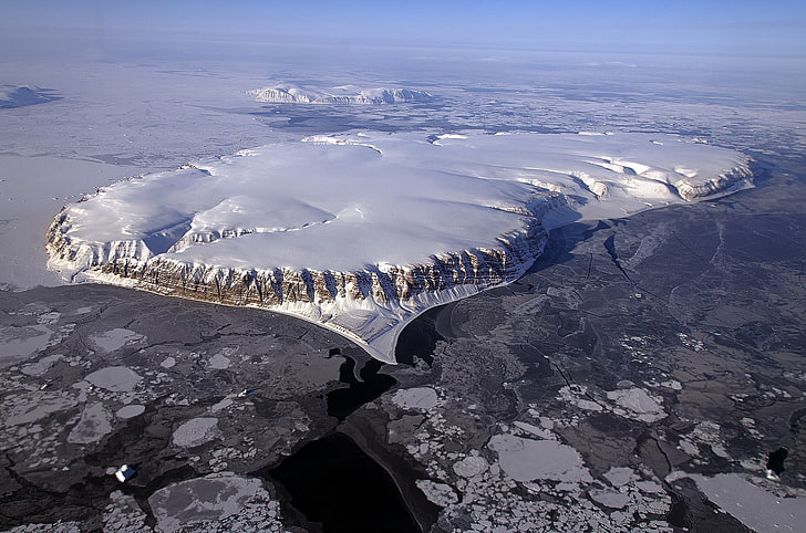 Vista de ángulo alto de la ciudad, naturaleza, paisaje, invierno, nieve, nubes, roca, hielo, vista aérea, glaciares, Groenlandia, Fondo de pantalla HD