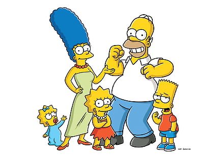 The Simpsons, Maggie Simpson, Marge Simpson, Lisa Simpson, Homer Simpson, Bart Simpson, latar belakang sederhana, latar belakang putih, Wallpaper HD HD wallpaper