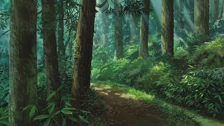 Studio Ghibli, forêt, fond vert, arbres, Fond d'écran HD