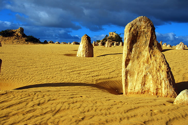 сиви скални образувания в пустинята, пустинята Pinnacles, сива скала, образувания, Западна Австралия, wa, cervantes, природа, пейзаж, пясък, пустиня, живопис, небе, скала - обект, известно място, HD тапет