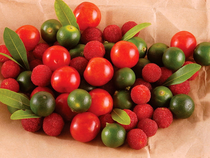 red tomatoes and red and green fruit lot, fruits, berries, citrus, HD wallpaper