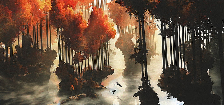 malowanie brązowych drzew liściastych, grafiki koncepcyjne, pejzaże, filmy animowane, smok, jak wytresować smoka 2, Tapety HD