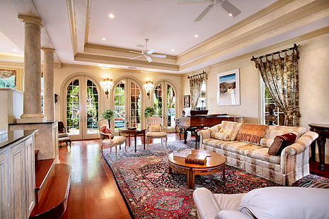 белый и коричневый полосатый тканевый комплект мебели для гостиной, дом, стиль, диван, интерьер, особняк, гостиная, HD обои HD wallpaper