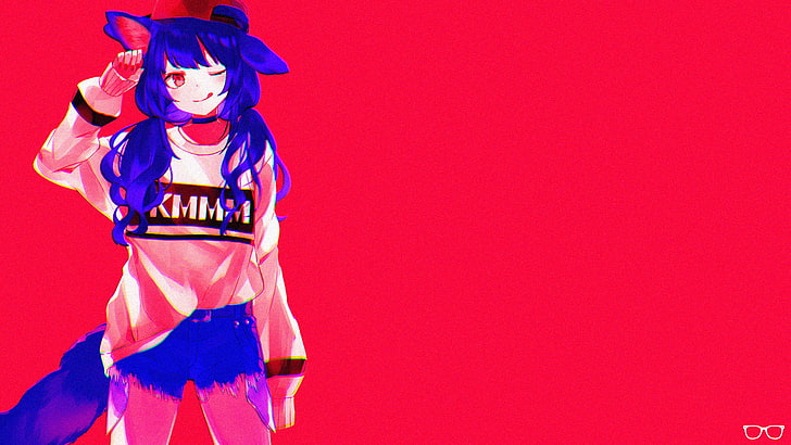 gadis anime, anime, nekomimi, merah, biru, sederhana, latar belakang sederhana, karya seni, gadis kucing, Wallpaper HD