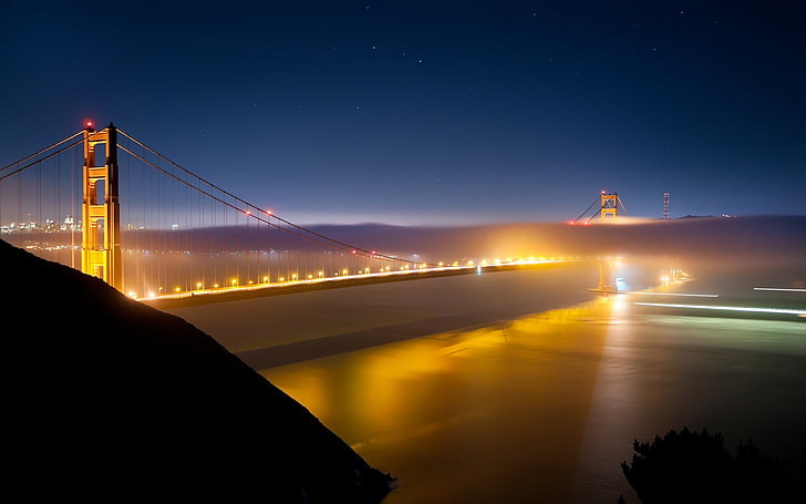 город, городской, мост Золотые Ворота, Сан-Франциско, огни, река, туман, HD обои