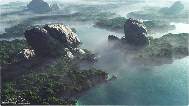 forest, mountains, rocks, 3D, render, digital art, CGI, HD wallpaper