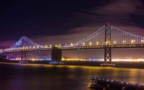 most wiszący, San Francisco Bay Bridge, w nocy, sf, telenav, scout, waypoint, travel, sony cybershot dsc-rx100, california, clear, bridge - Man Made Structure, znane miejsce, USA, architektura, noc, Nowy Jork, pejzaż miejski, panorama miejska, scena miejska, miasto, rzeka, most wiszący, zmierzch, brooklyn - Nowy Jork, Manhattan - Nowy Jork, Tapety HD HD wallpaper