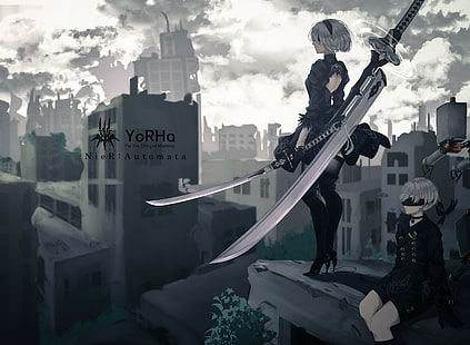 Yorha unit no.2 type b, 2B (Nier: Automata), sword, thigh-highs, NieR, Nier: Automata, Yorha unit no.9 type s, HD wallpaper HD wallpaper
