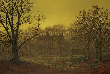 illustration av brunt träd, John Atkinson Grimshaw, klassisk konst, målning, hus, träd, vatten, sjö, höst, HD tapet HD wallpaper