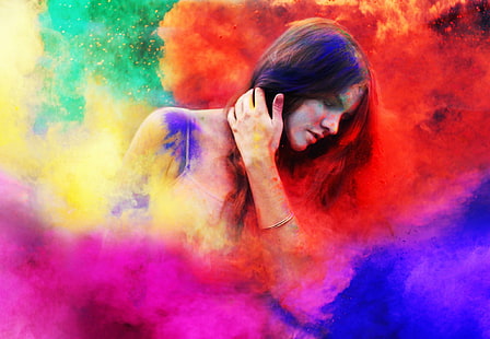 المرأة ، الملونة ، الغبار ، المهرجانات ، مهرجان هولى ، عيون مغلقة، خلفية HD HD wallpaper