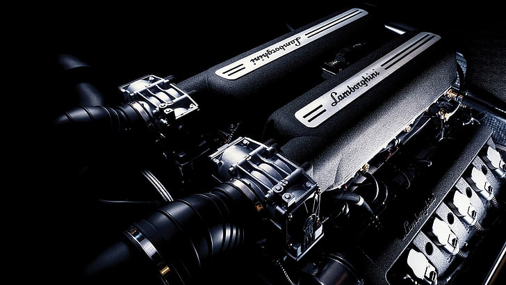 motor negro Lambhorgini, Lamborghini, motores, motor V10, Fondo de pantalla HD