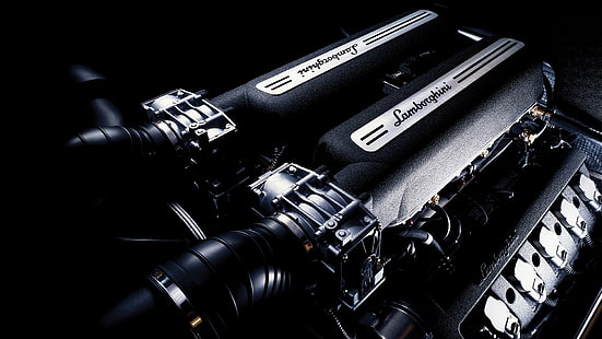 черен двигател Lambhorgini, Lamborghini, двигатели, двигател V10, HD тапет HD wallpaper