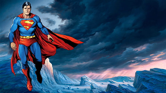 DC Superman wallpaper, flight, figure, costume, symbol, male, cloak, Superman, superhero, HD wallpaper HD wallpaper