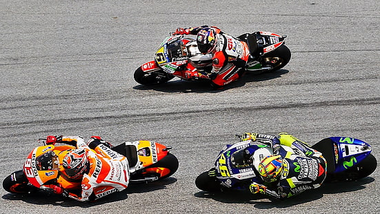 three racer riding sports bikes during daytime, Moto GP, racing, Marc Marquez, Valentino Rossi, Stefan Bradl, Repsol Honda, Yamaha, HD wallpaper HD wallpaper