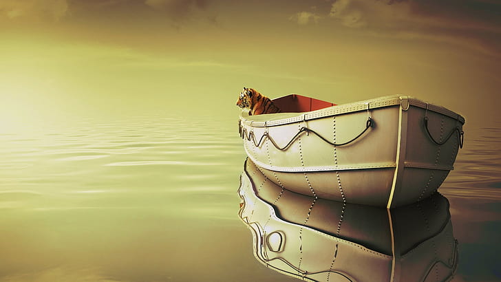 Life of Pi, boat, tiger, water refletion, ocean view, daylight, HD wallpaper
