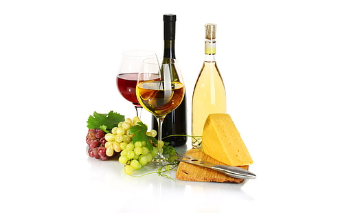 garrafas de vidro transparente, vinho, vermelho, branco, queijo, copos, uvas, garrafa, HD papel de parede HD wallpaper