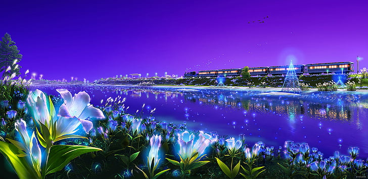 animal, bird, flowers, grass, kagaya, landscape, original, purple, scenic, sky, train, water, HD wallpaper