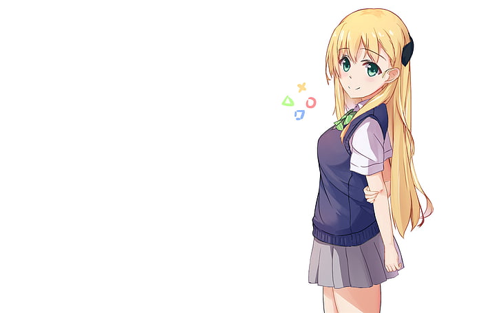 Anime, Gamers!, Blonde, Girl, Green Eyes, Karen Tendou, Long Hair, School Uniform, HD wallpaper