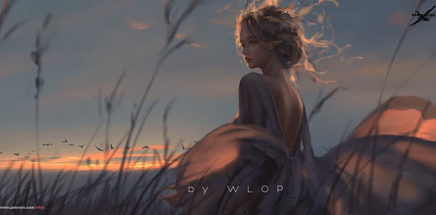  digital art, fantasy girl, sunset, sky, GhostBlade ( comics ), WLOP, HD wallpaper HD wallpaper