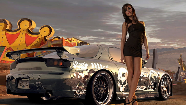 czarna sukienka damska, Need for Speed, samochód, kobiety, Need for Speed: Pro Street, kobiety z samochodami, Krystal Forscutt, gry wideo, Tapety HD
